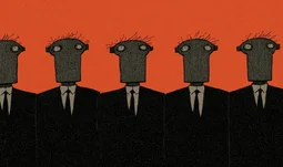 scruffy robots in a row, wearing suits 