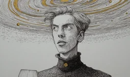 leopold aschenbrenner with wine and a galaxy swirling around his head