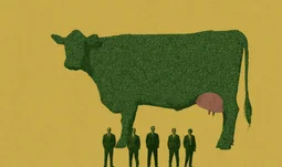 A green cow with pink udders and some small men in front of it