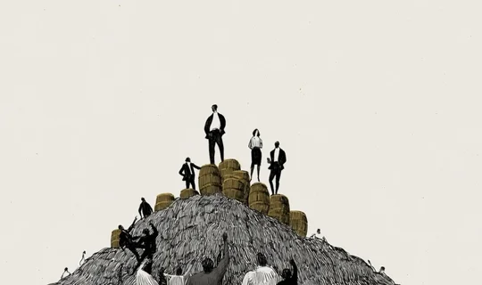 commodities traders standing on a pile of barrels